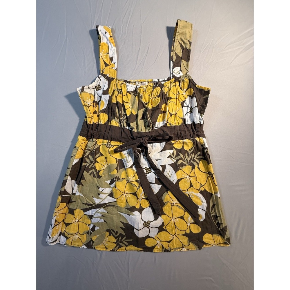 Ladies Ambiance Apparel Flowered Sleeveless Summer Blouse Yellow Brown Size L